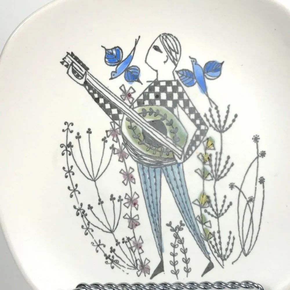Stavangerflint Danish modern Man with the Mandolin Hand painted Plate, retro MCM - Picture 2 of 9